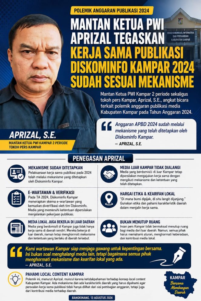 
					Mantan Ketua PWI Aprizal Tegaskan Kerja Sama Publikasi Diskominfo Kampar 2024 Sudah Sesuai Mekanisme