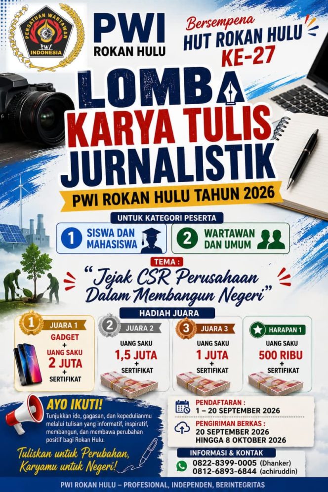 
					Sambut HUT Rokan Hulu ke-27, PWI Rohul Gelar Lomba Karya Tulis Jurnalistik dengan Total Hadiah Jutaan Rupiah